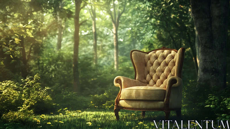 Ornate wingback chair positioned in sunlit forest clearing