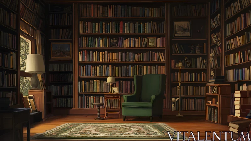 Cozy reading library with green armchair and tall shelves.