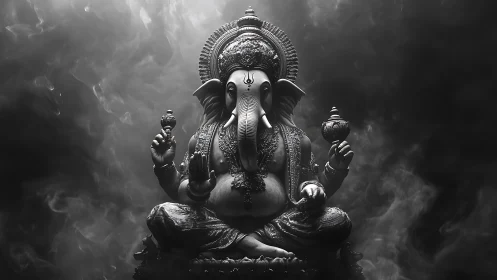 Monochrome Ganesh statue sits centered in dense surrounding smoke