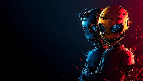 Dual neon skull-bots stand in chromatic split lighting