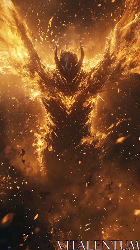 Flameborn guardian rising from swirling golden embers.