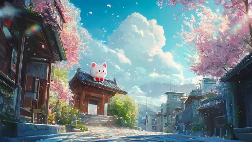 Sakura-lined street with floating maneki-neko under spring sky.