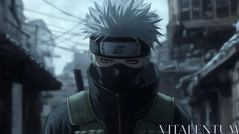 Masked silver haired ninja stands in a ruined urban street