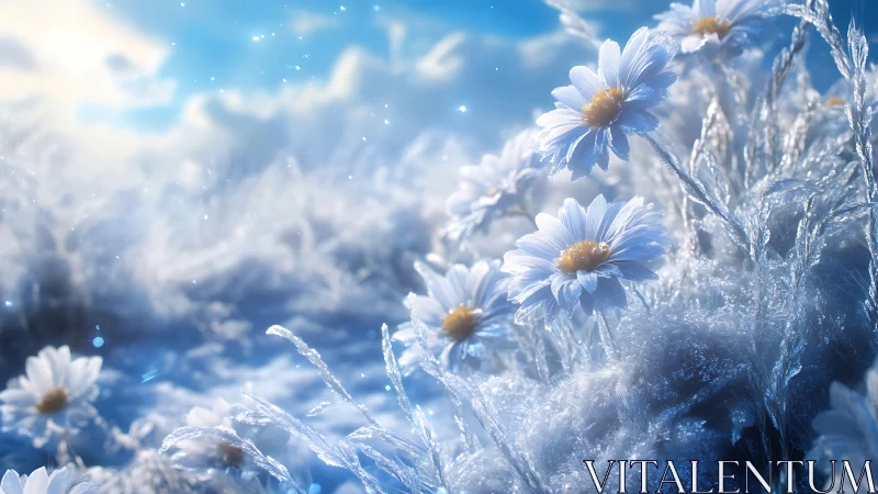 Frost-encrusted daisies illuminated beneath crystalline winter sky.