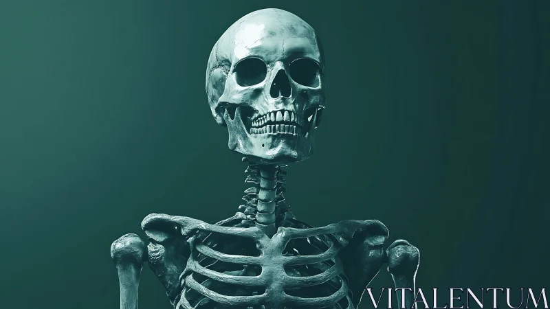 Human skeleton render on dark teal studio background.