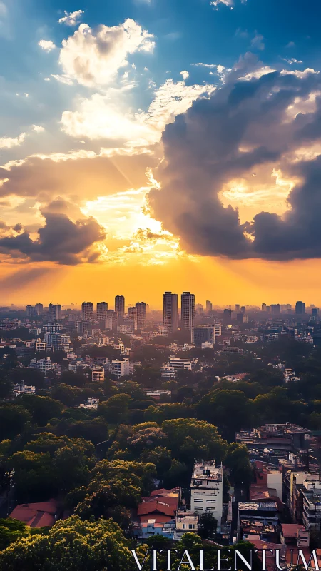 Sunlit towers inhale the last blaze of a sprawling city dusk