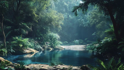 Tropical river enclosed by dense canopy vegetation