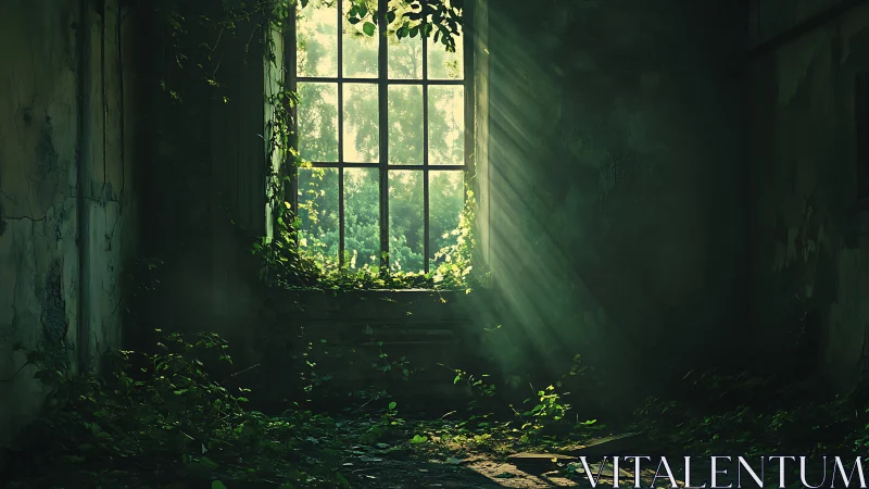 Volumetric sun rays illuminate overgrown abandoned interior window