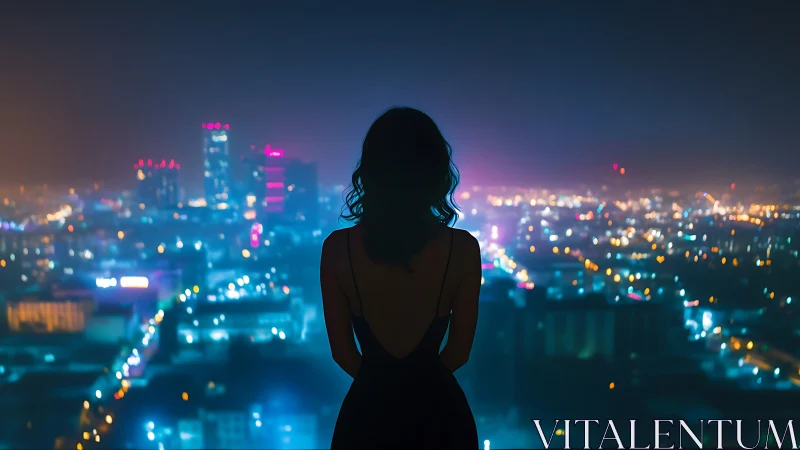 Silhouette woman overlooks colorful illuminated night cityscape