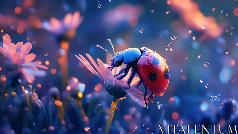 Glowing ladybug rests on petals in dreamy neon rain garden