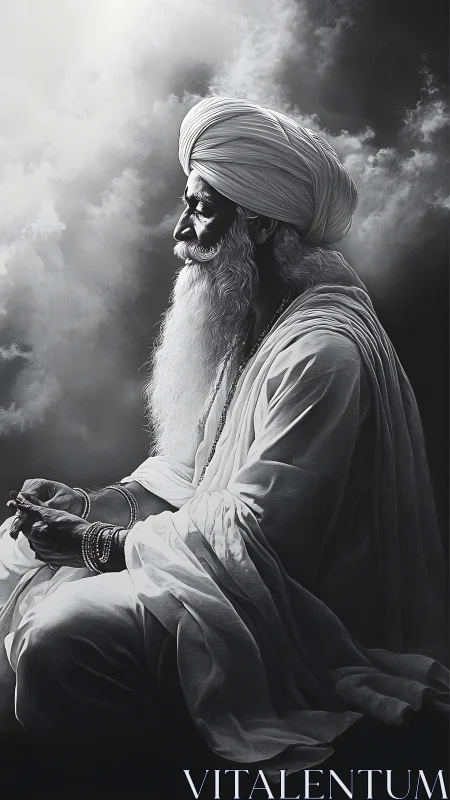 Monochrome turbaned elder in volumetric cloudside profile.