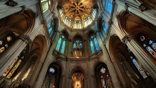 Gothic cathedral apse interior with stained glass windows.