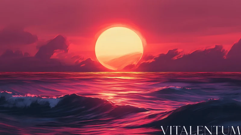 Radiant pink sunset gently melts into glowing ocean waves