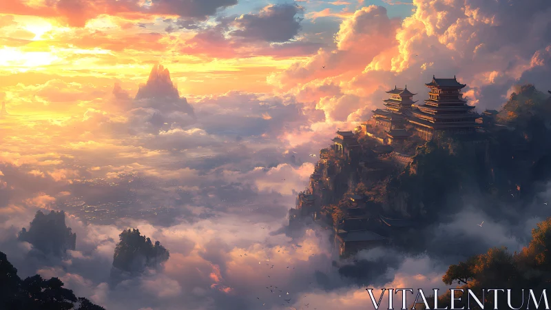Sunrise temples drifting above a glowing sea of clouds.