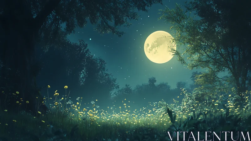Moonlit wildflower meadow glowing under a gentle night sky.