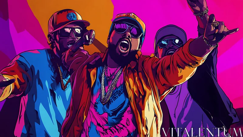 Neon hip hop trio command stage with explosive energy.