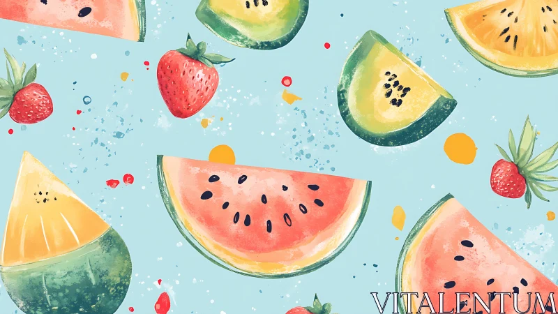 Playful watercolor fruit slices bringing bright summer cheer.