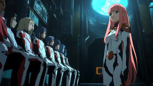 Futuristic pilot squad in exosuit briefing chamber, blue skylight