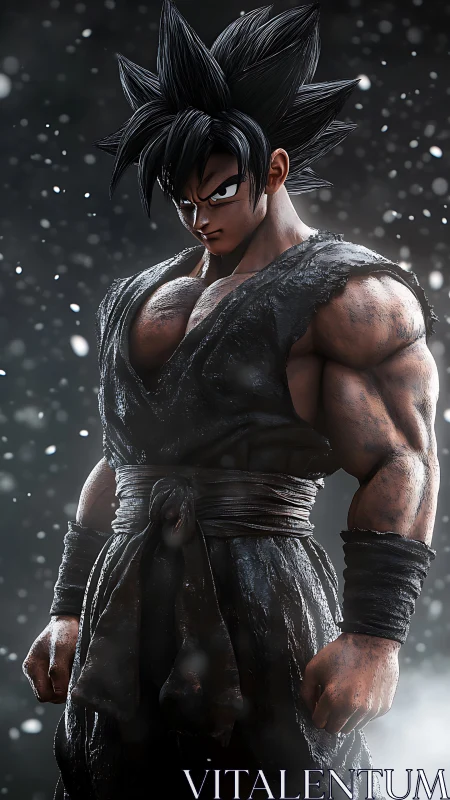 Muscular anime warrior stands in dark snowy atmosphere