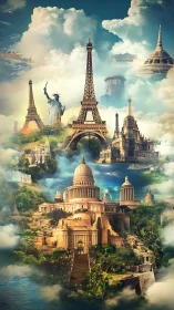 Global monuments montage in layered cloud landscape scene.