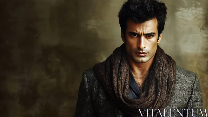 Warmly lit portrait of a stylish man in a textured scarf.