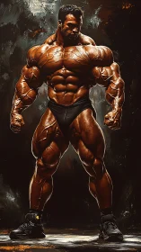 Bronzed titan of muscle stands carved from molten thunder