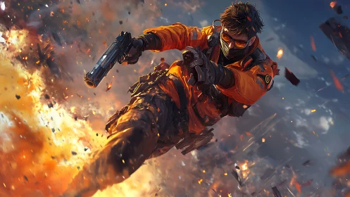 Tactical operative dives through explosion with dual pistols.
