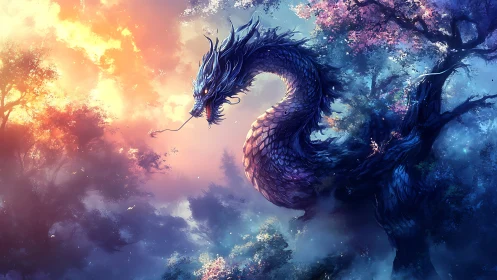 Celestial serpent coils through luminous twilight canopy.