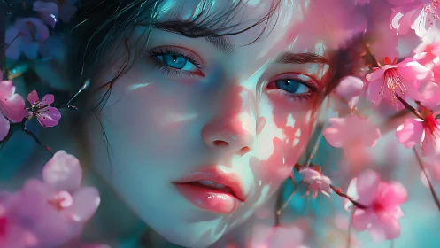 Blossom-drenched gaze beneath watercolor neon shadows.