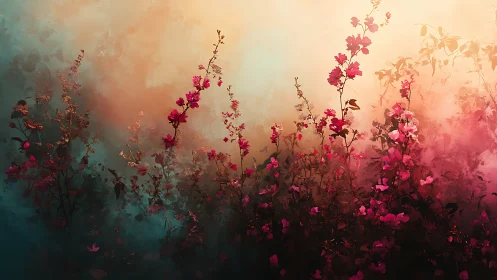 Floral Dreamscape: Atmospheric Digital Composition with Volumetric Lighting.
