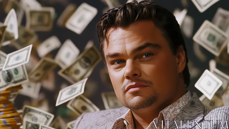 Confident money king amid swirling dollar storm portrait.