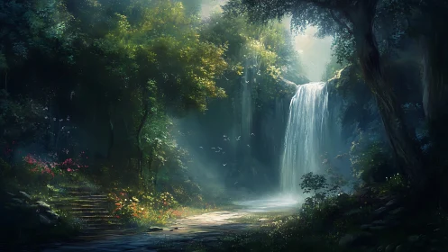 Enchanted Canyon Cascade Bathes in Celestial Luminescence