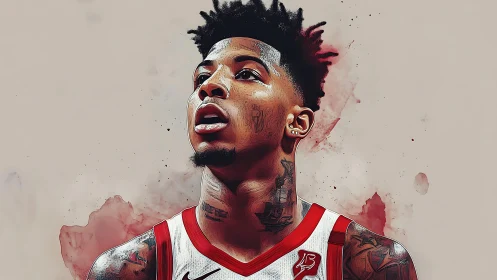 Digital portrait of tattooed basketball player in red jersey.