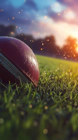 Cricket ball leans into twilight grass as sparks of dusk fly