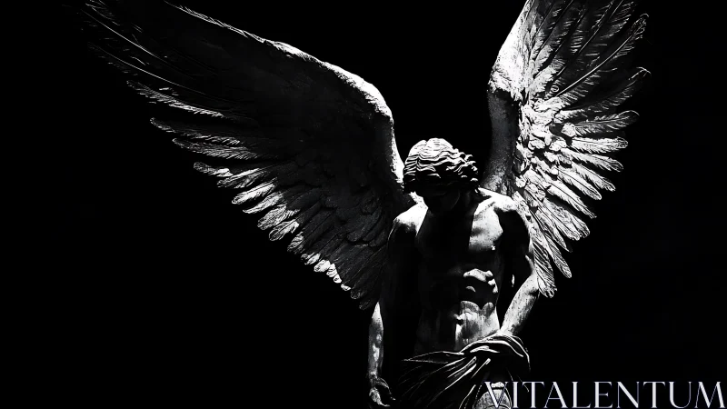 Winged stone figure in strong chiaroscuro lighting.