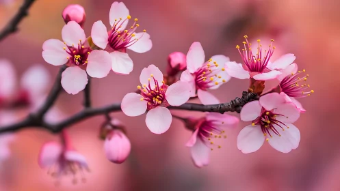 Pink blossoms on dark branch with bokeh background