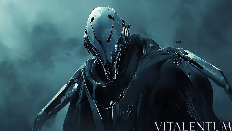 Humanoid robotic figure in dark atmospheric environment.