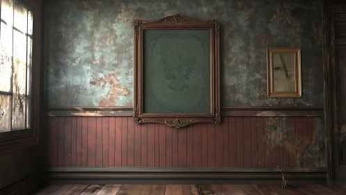Empty ornate frames hang on a worn, decaying interior wall
