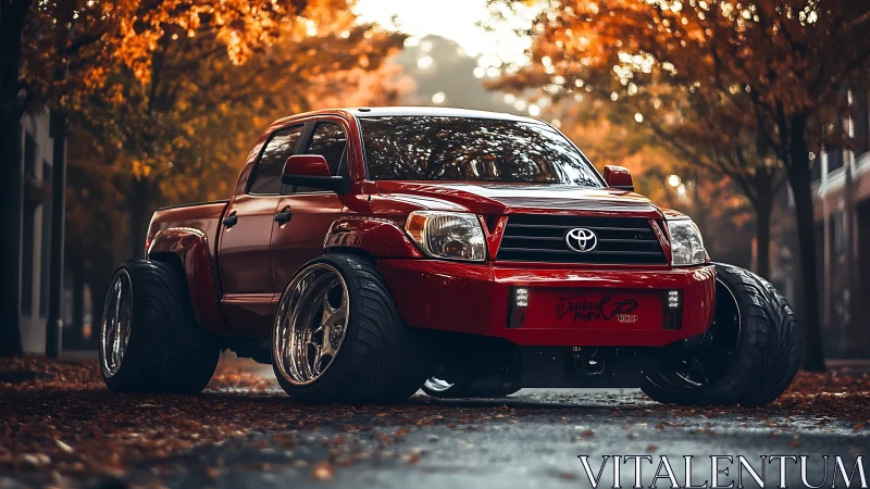 Modified red pickup truck dominates autumn streetscape scene