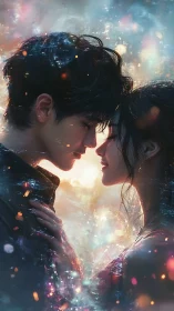 Two figures in intimate moment with luminescent digital overlay.