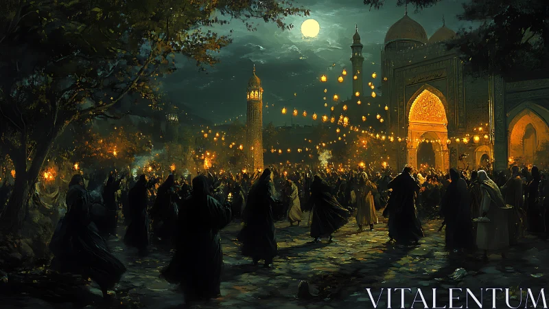 Moonlit palace courtyard glows with lantern-lit festival