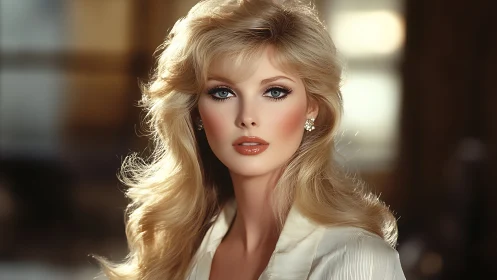 Velvet-lit blonde portrait with glamorous retro poise.