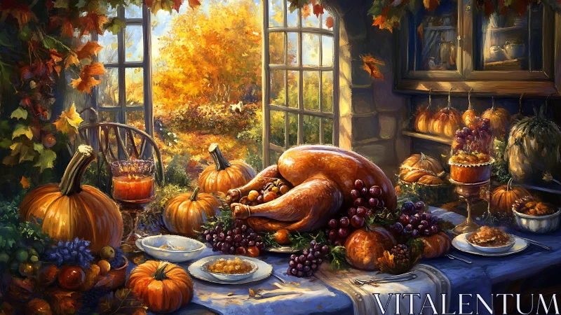 Harvest feast table with roasted turkey and pumpkins.