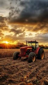 Red tractor dominates harvested cornfield at sunset sky