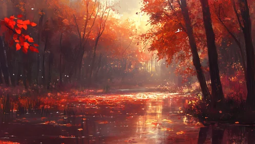 Illuminated autumn forest landscape with warm golden light reflecting on water surface.