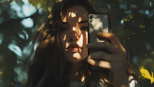 Sunlit digital portrait with smartphone selfie focus.