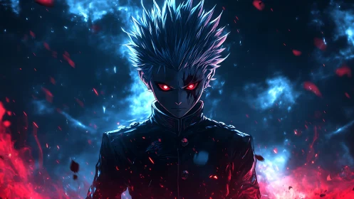 White-haired anime figure stands amid blue and red energy