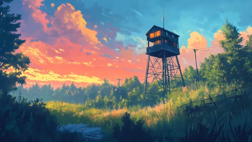 Sunset lookout tower glowing over a quiet summer hillside.