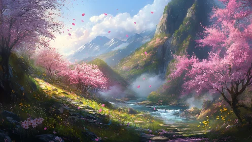 Mountain valley stream with cherry blossoms in bloom.