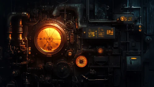 Steamclad chrono-engine glows inside an industrial night.